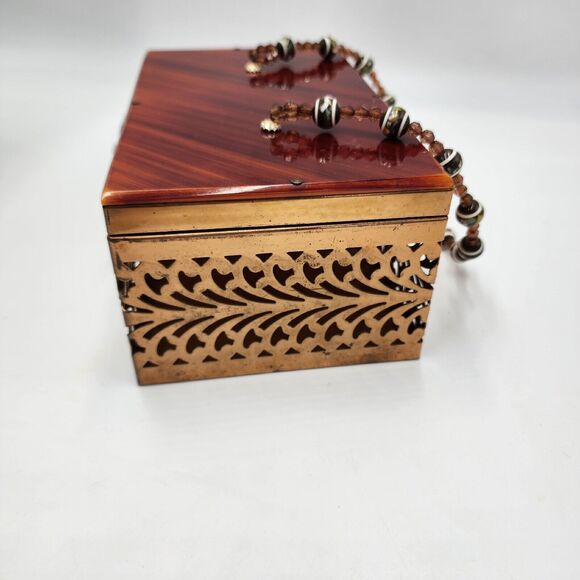 Vintage 1950's Tortoiseshell Amber Color Lucite Brass Filigree Box Purse Beaded - Picture 3 of 13
